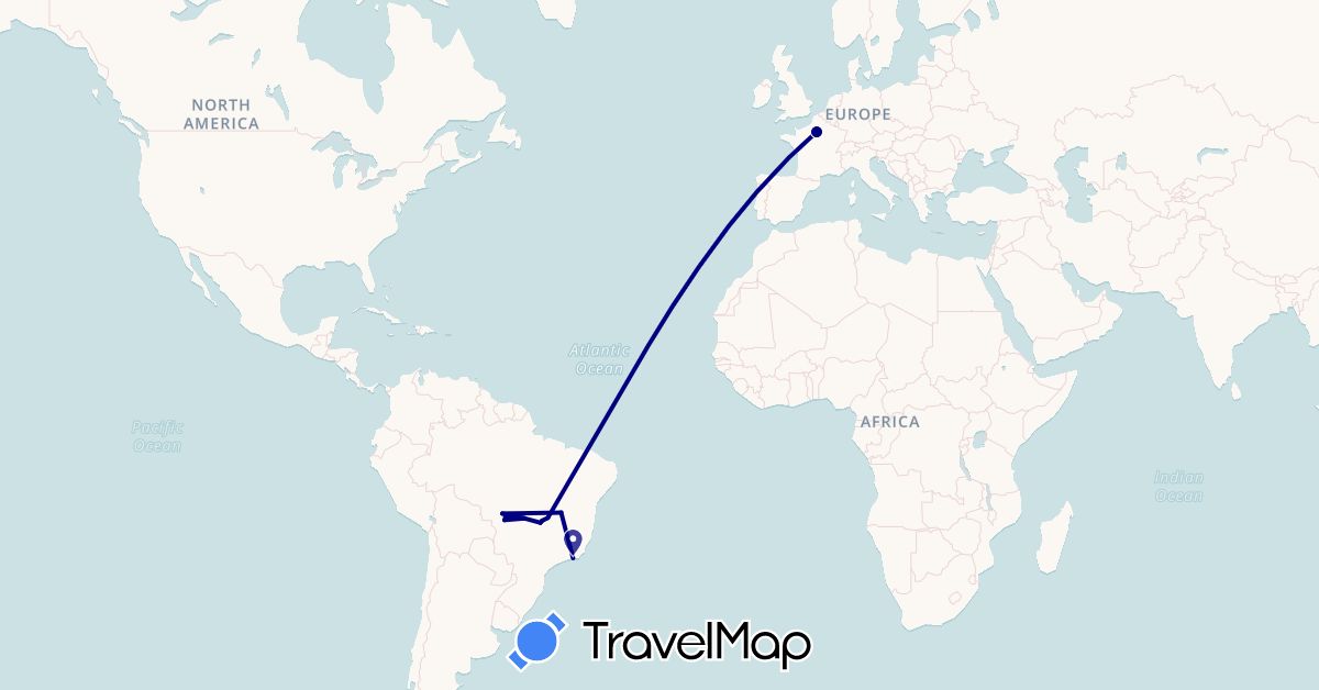 TravelMap itinerary: driving, plane in Brazil, Botswana, France (Africa, Europe, South America)